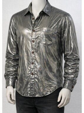 "Year Of" Shirt Metallic Large Foil Silver Lamé Button Down Vtg  Cobain 90s Y2K